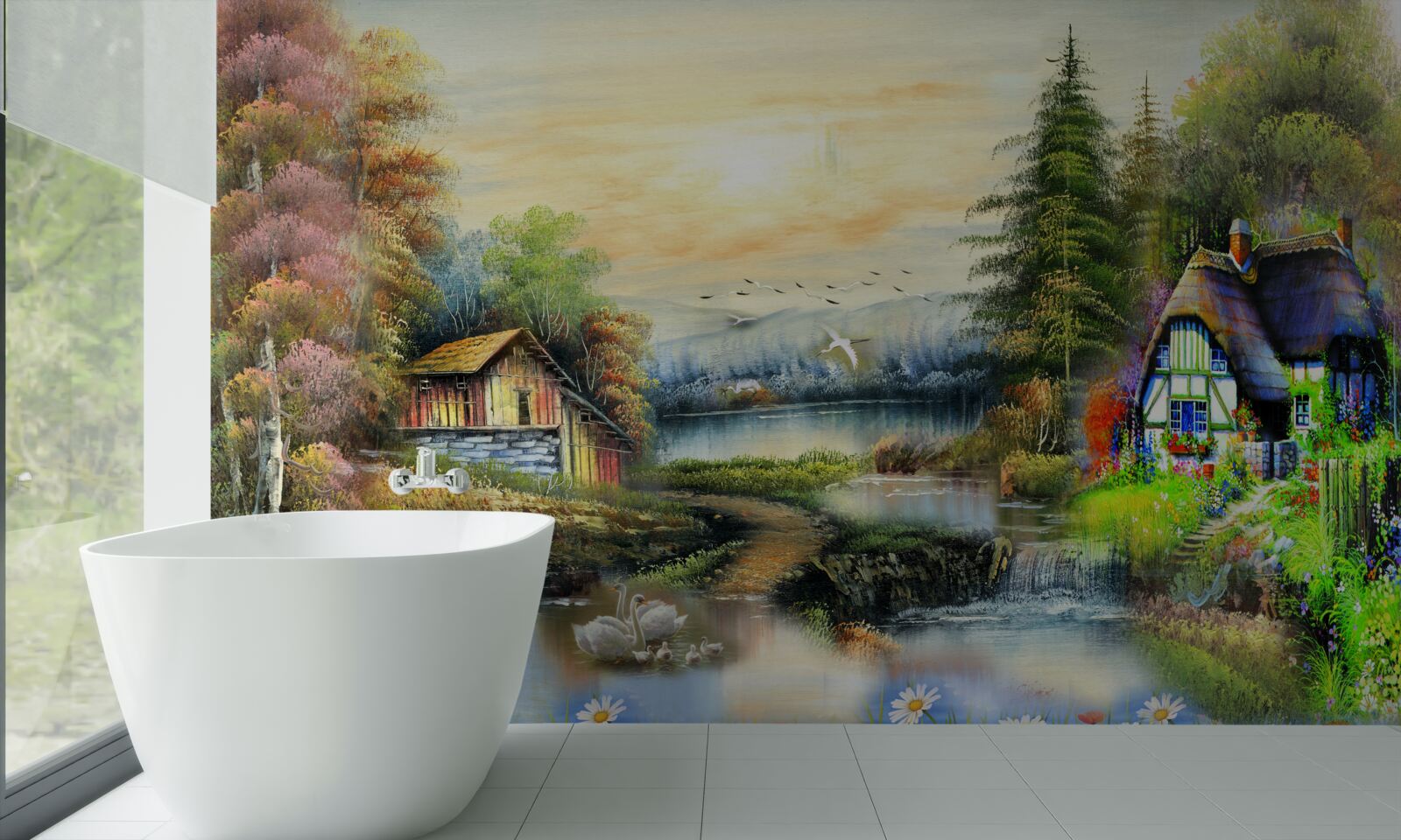 Papier peint maison magique au bord d'un lac, entourée d'une forêt