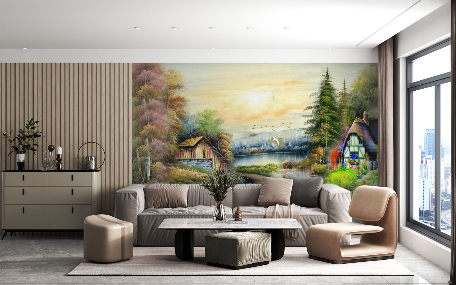 Papier peint maison magique au bord d'un lac, entourée d'une forêt