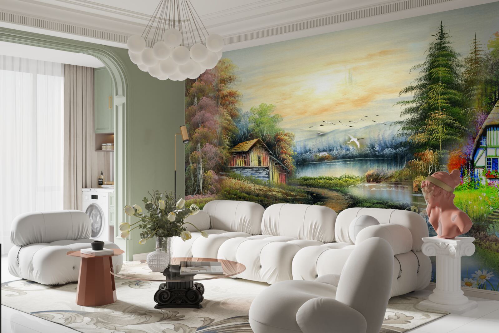 Papier peint maison magique au bord d'un lac, entourée d'une forêt