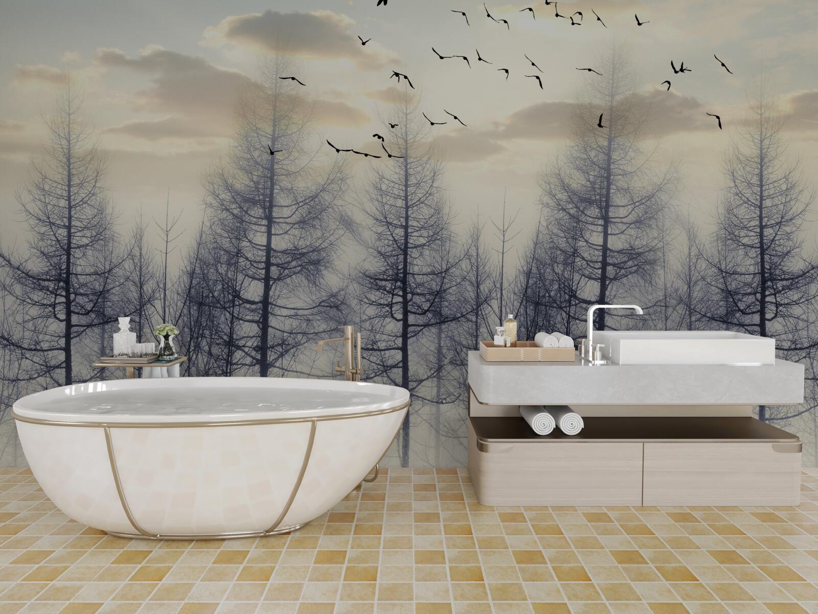 Papier peint l'aube dans les forêts brumeuses