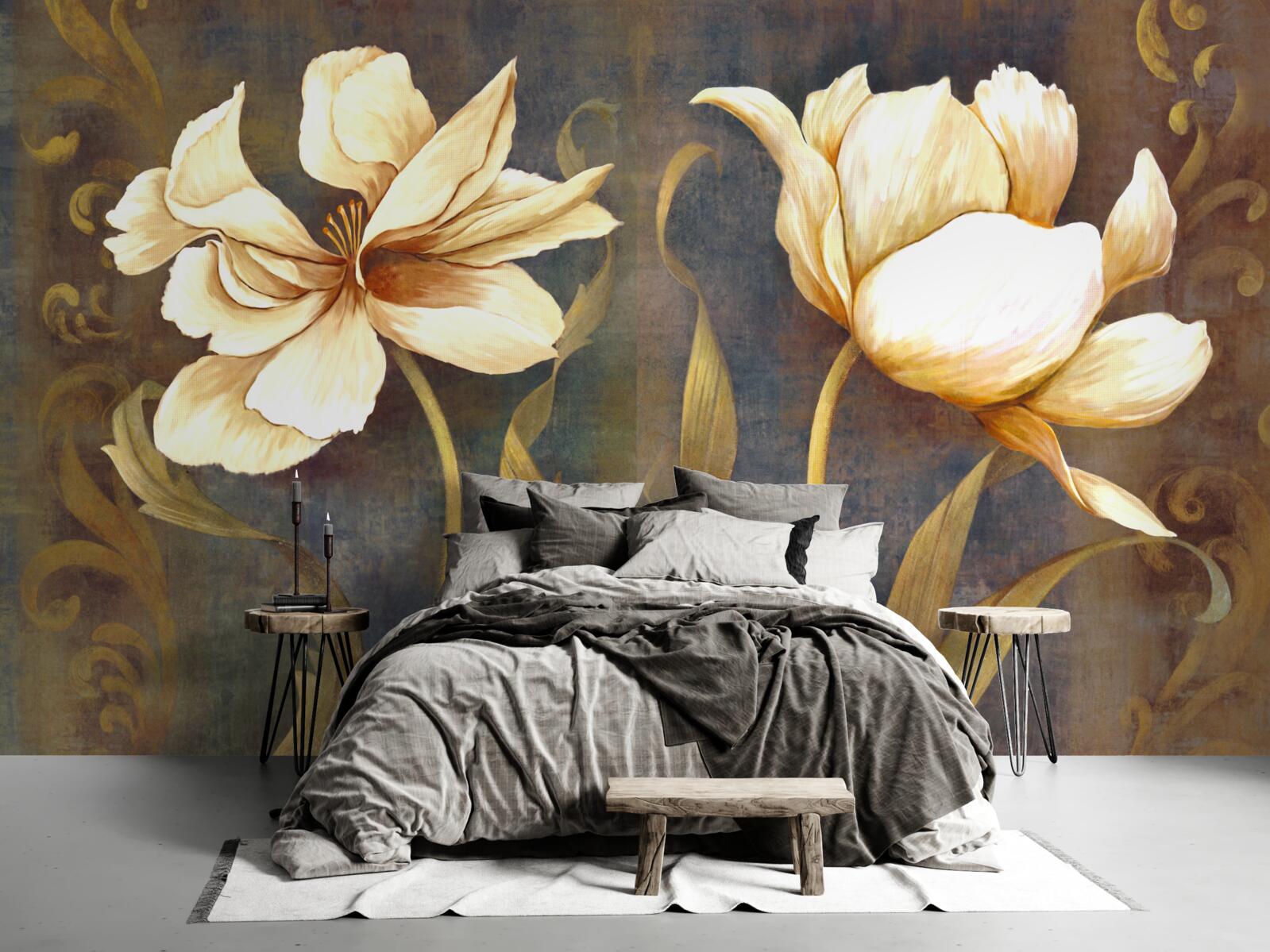 Papier peint deux grandes fleurs beiges