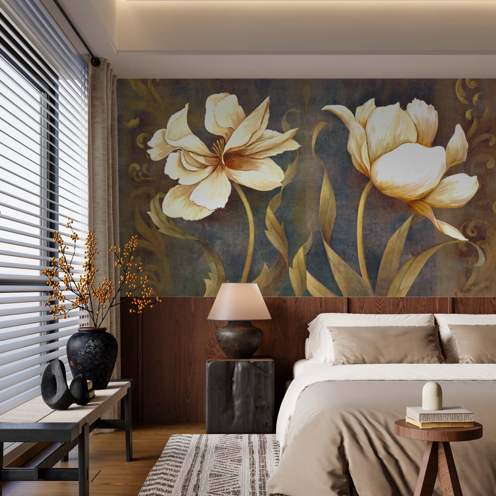 Papier peint deux grandes fleurs beiges