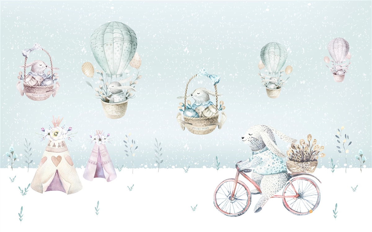 Papier peint Les lapins montent des ballons et font du vélo