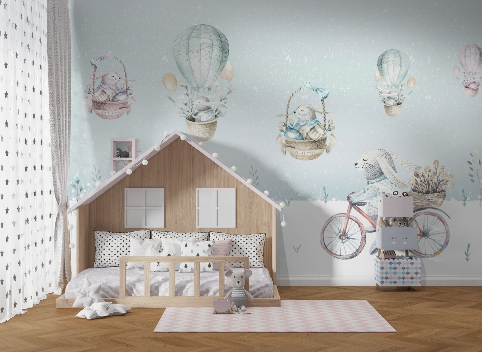 Papier peint Les lapins montent des ballons et font du vélo