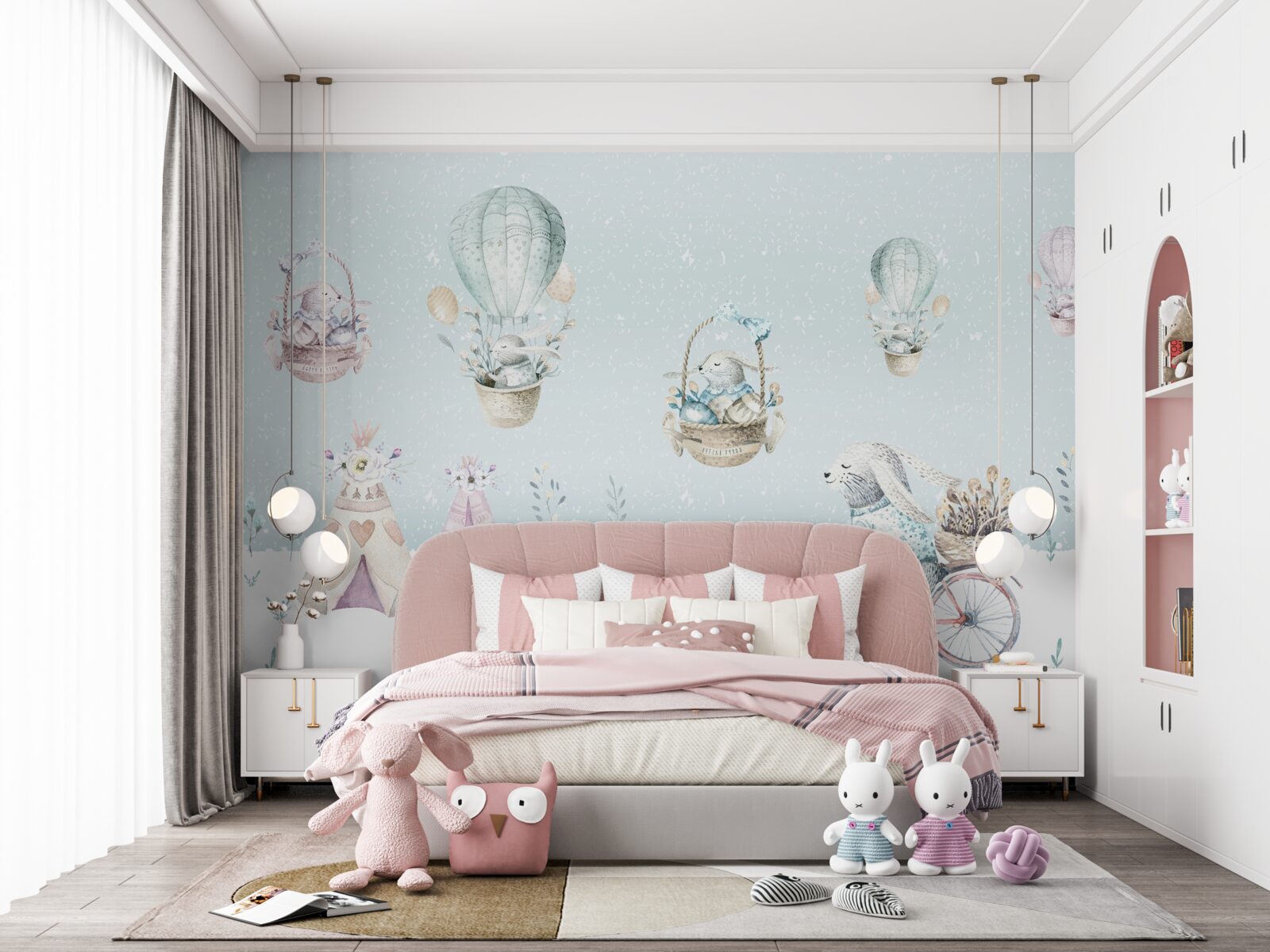 Papier peint Les lapins montent des ballons et font du vélo