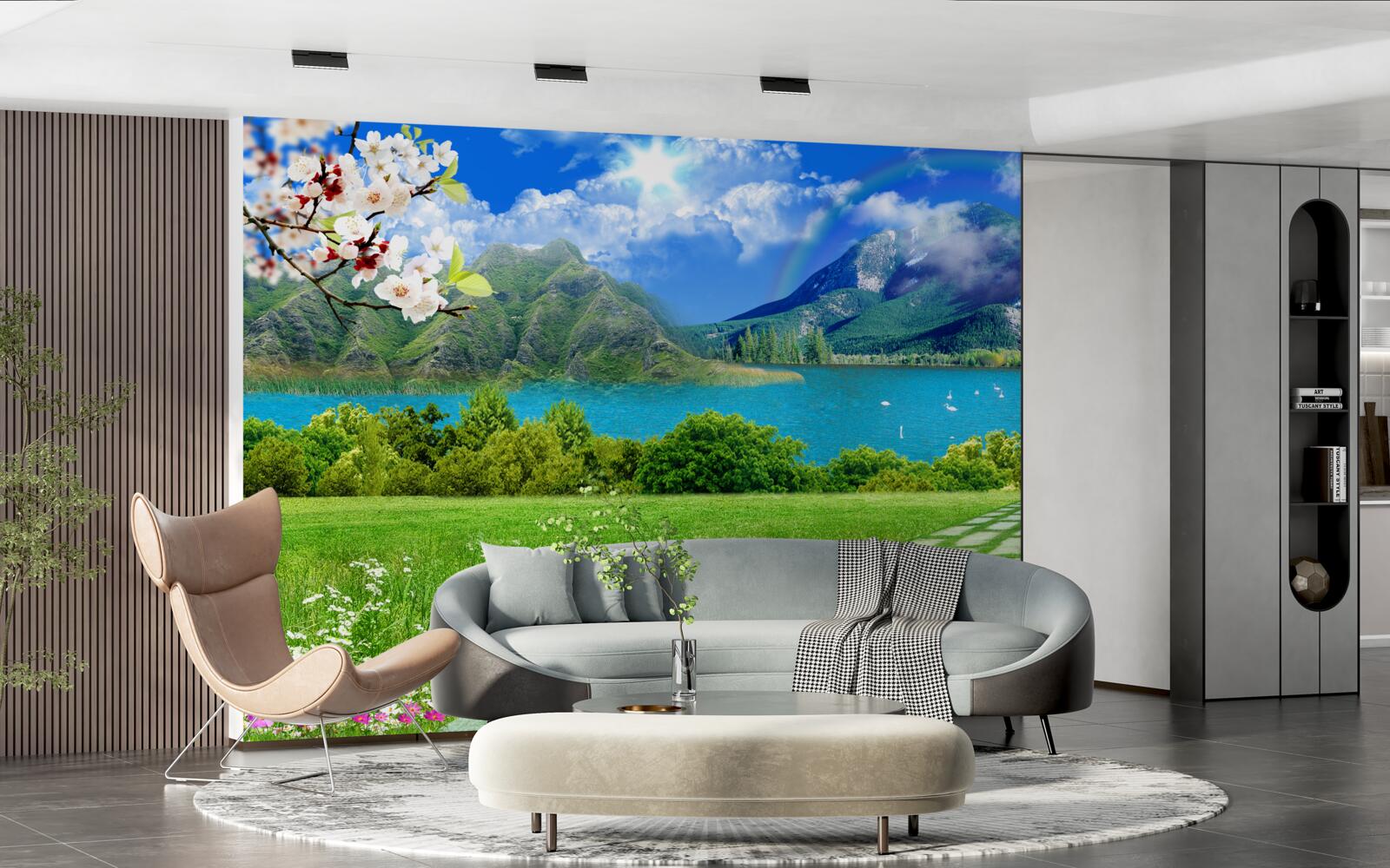 Papier peint vue imprenable sur un lac de montagne en été