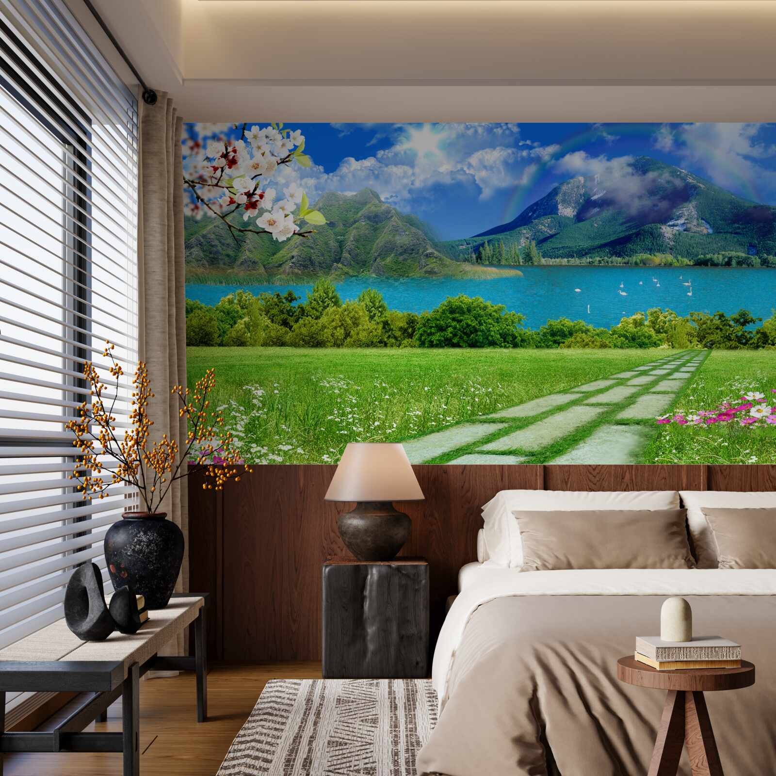 Papier peint vue imprenable sur un lac de montagne en été