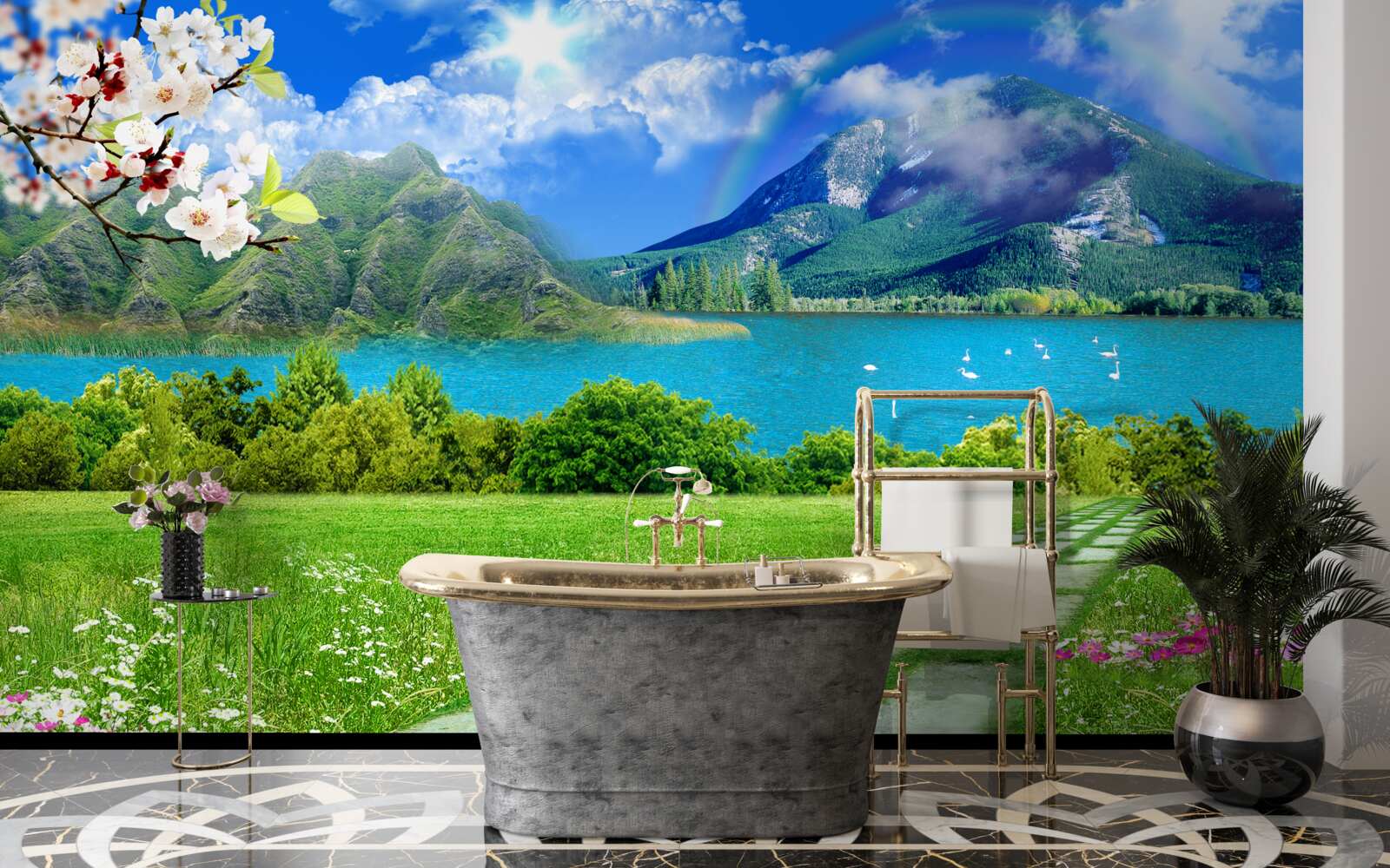 Papier peint vue imprenable sur un lac de montagne en été