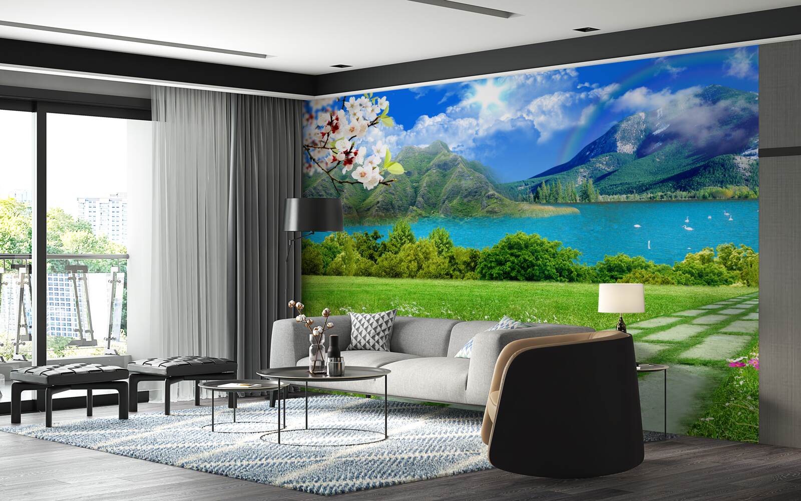 Papier peint vue imprenable sur un lac de montagne en été