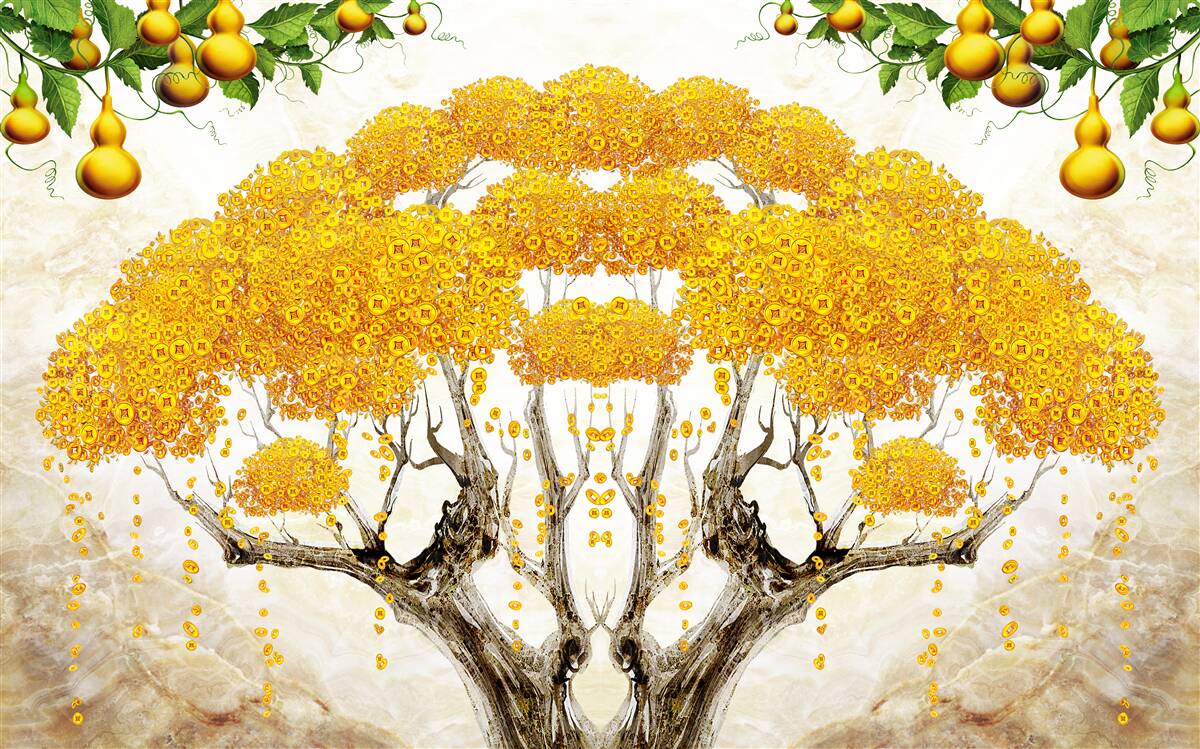 Papier peint au coucher du soleil, un arbre avec une couronne jaune