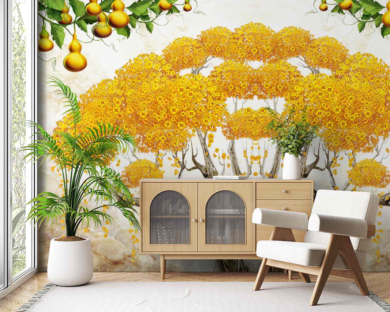 Papier peint au coucher du soleil, un arbre avec une couronne jaune