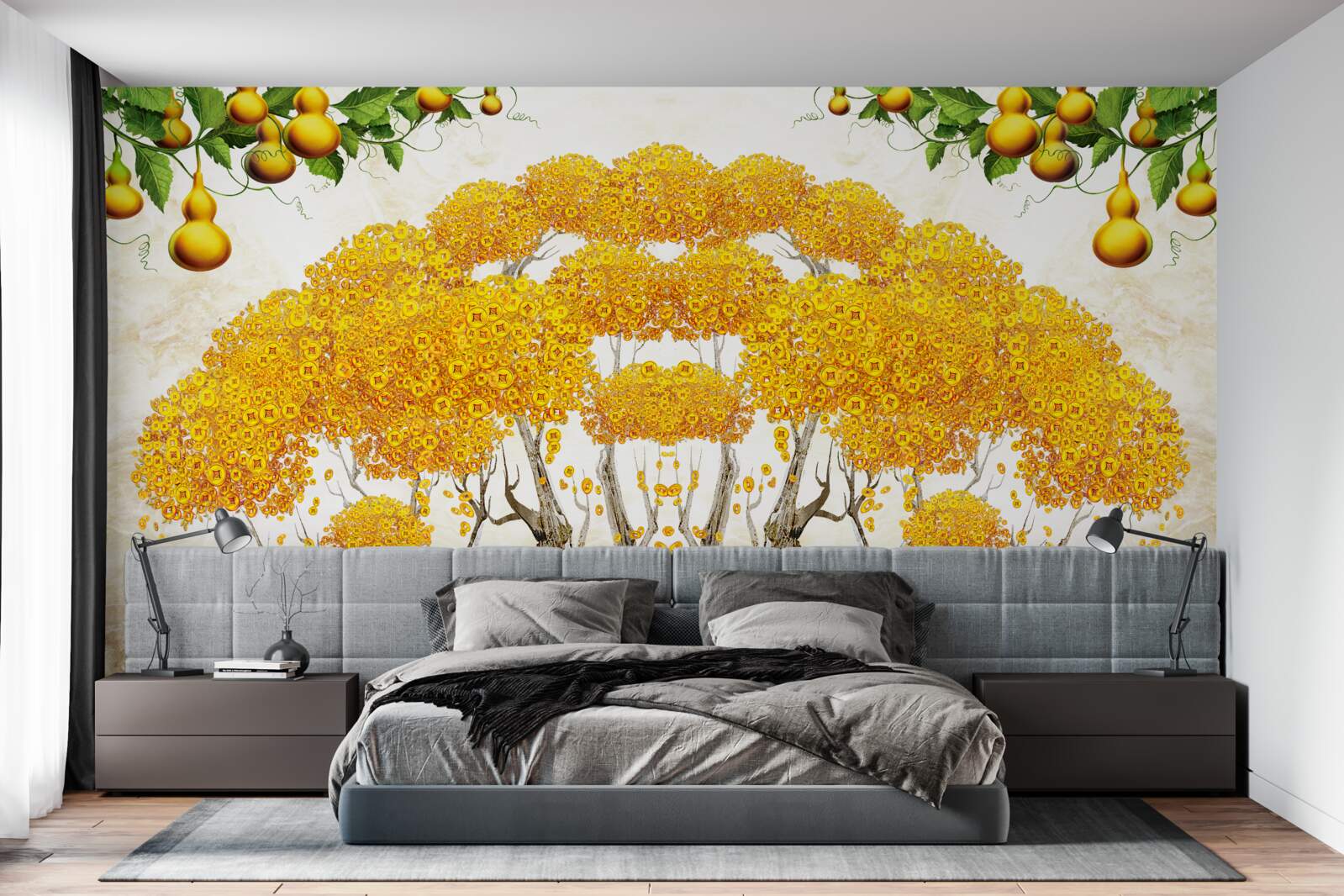 Papier peint au coucher du soleil, un arbre avec une couronne jaune