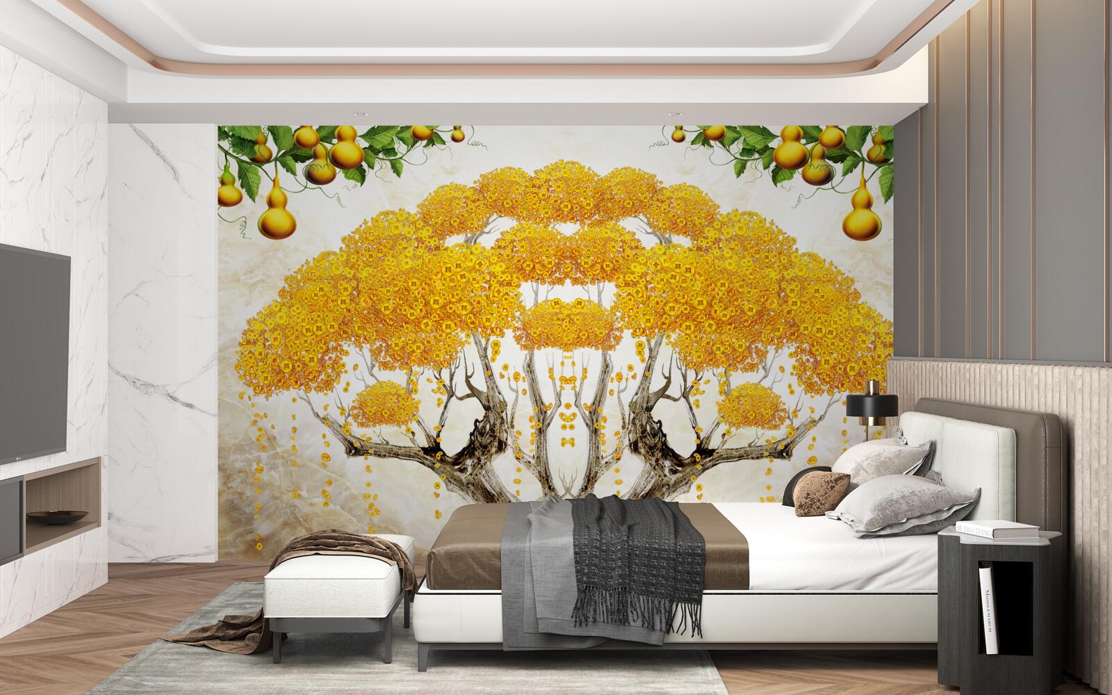 Papier peint au coucher du soleil, un arbre avec une couronne jaune