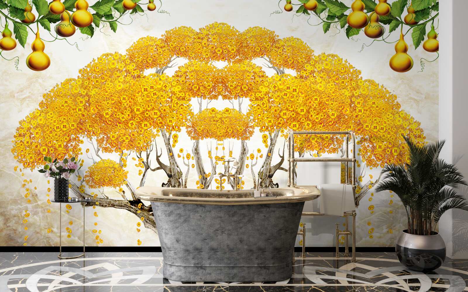 Papier peint au coucher du soleil, un arbre avec une couronne jaune