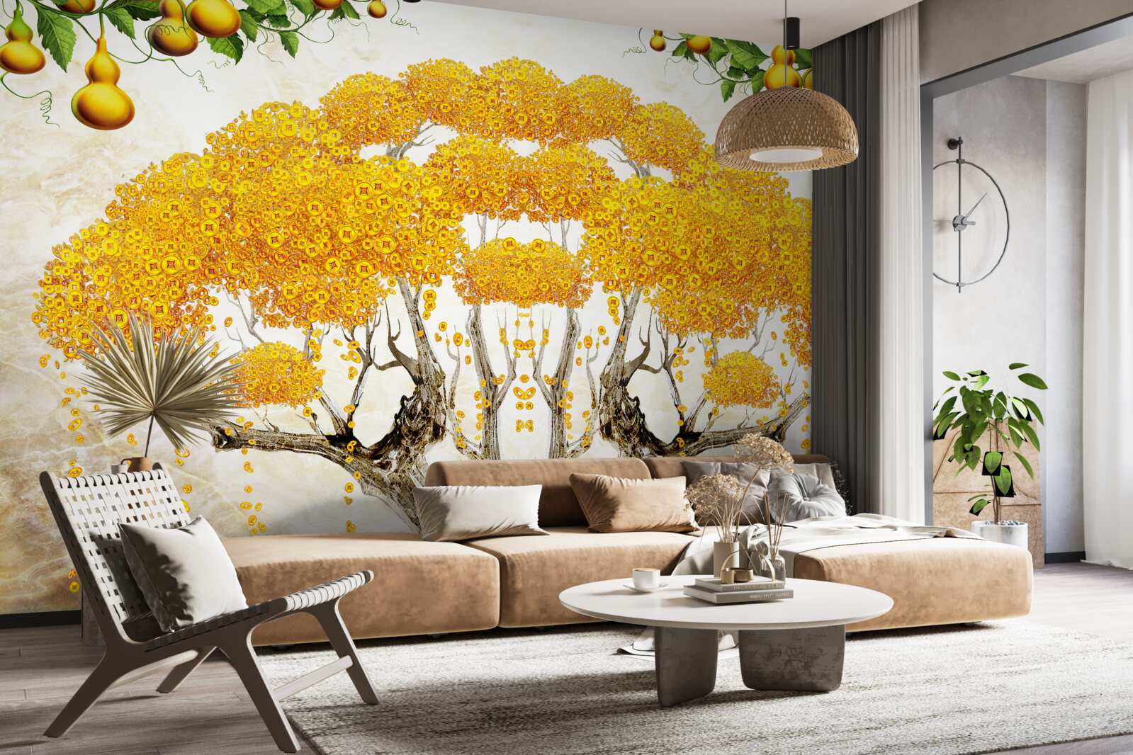 Papier peint au coucher du soleil, un arbre avec une couronne jaune