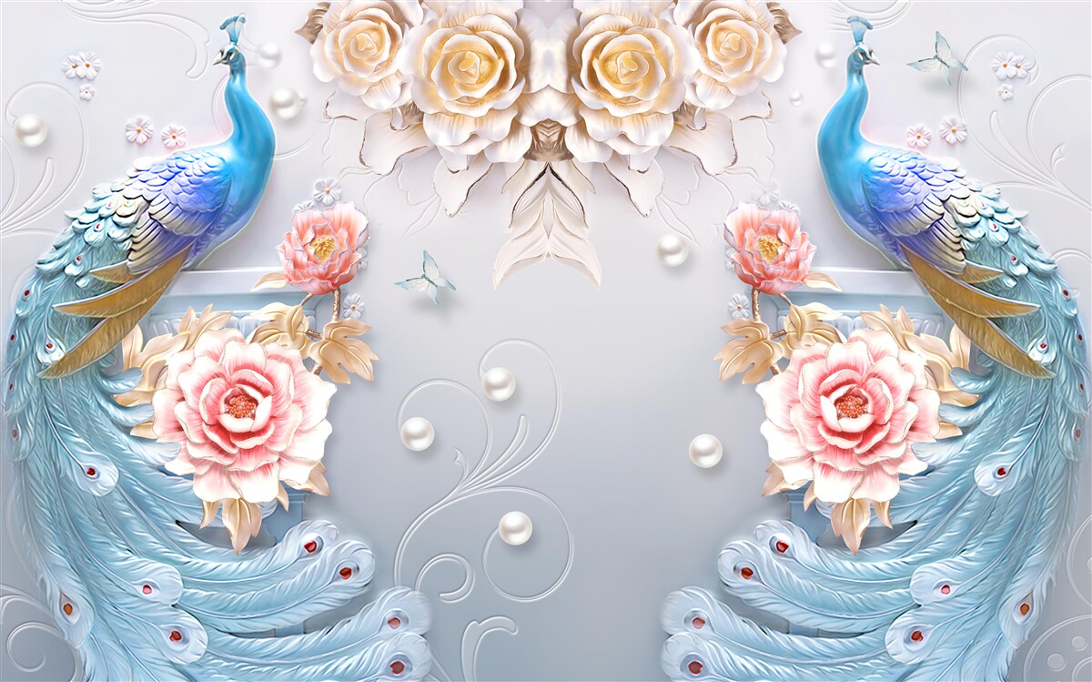 Papier peint le paon et sa partenaire avec les roses