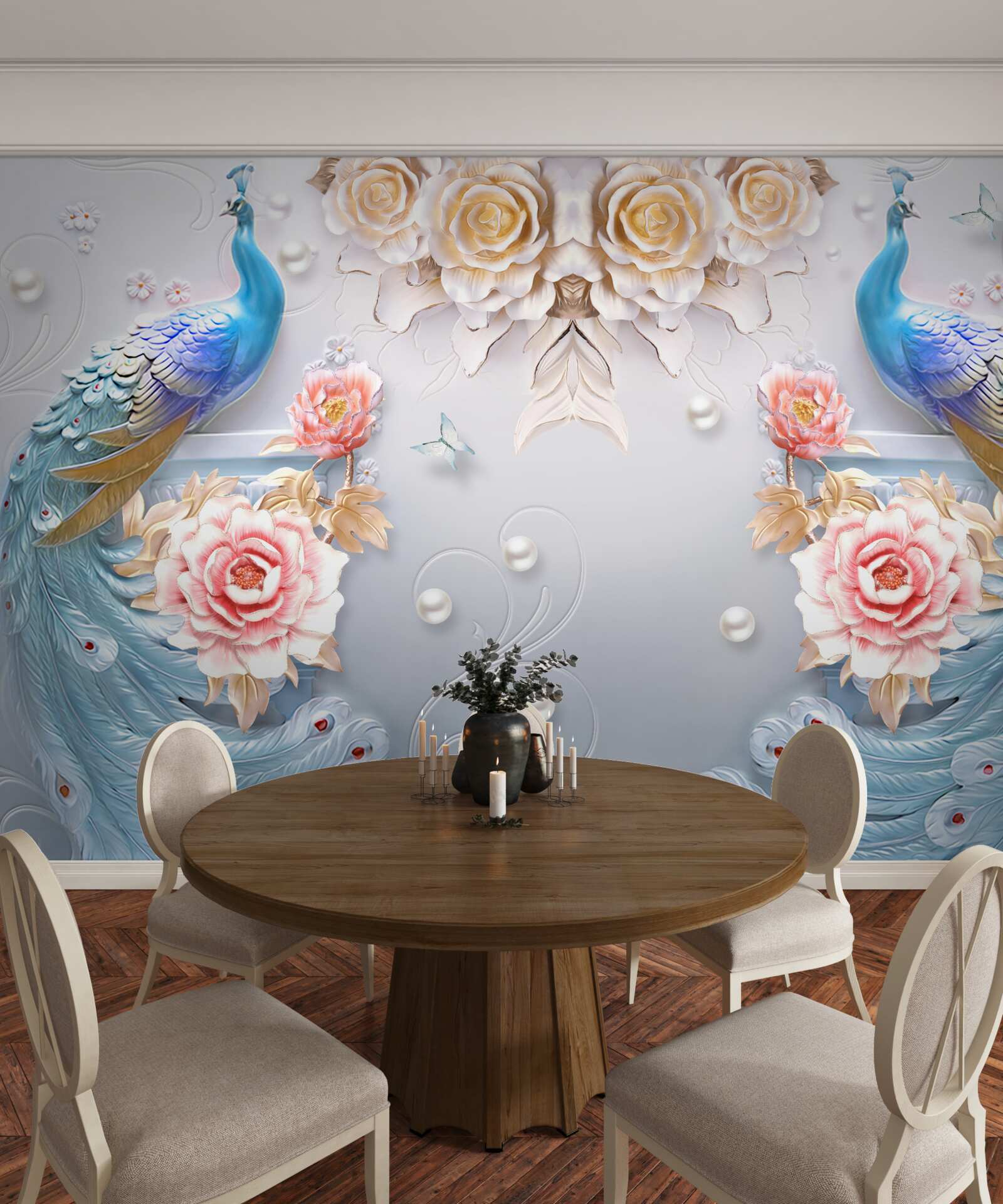 Papier peint le paon et sa partenaire avec les roses