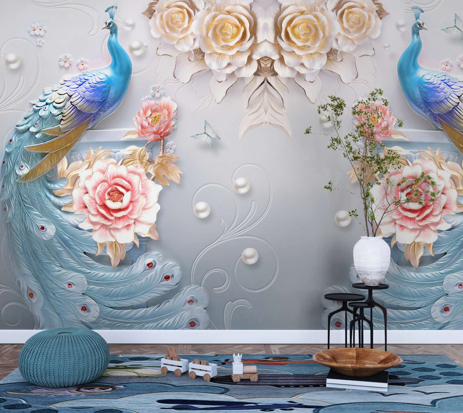 Papier peint le paon et sa partenaire avec les roses