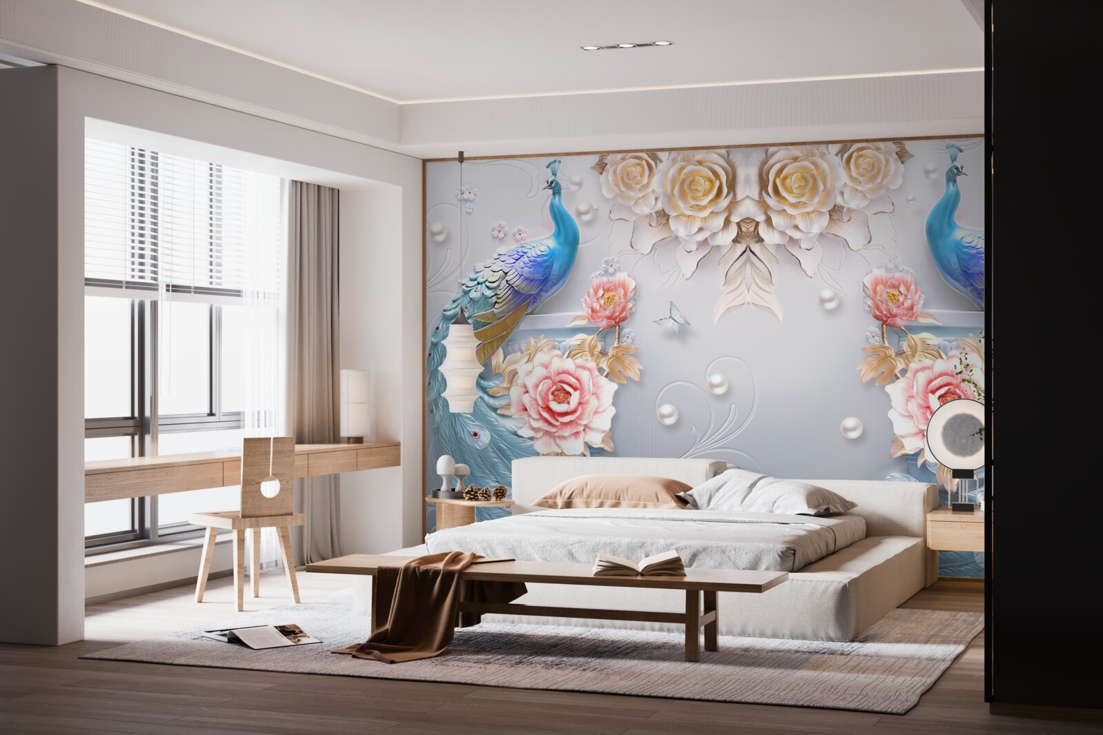 Papier peint le paon et sa partenaire avec les roses