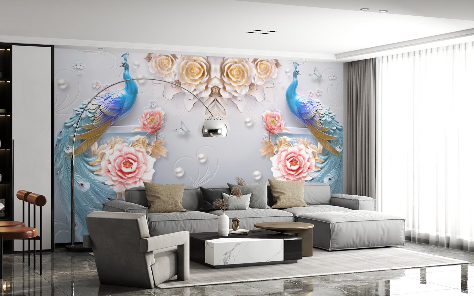 Papier peint le paon et sa partenaire avec les roses