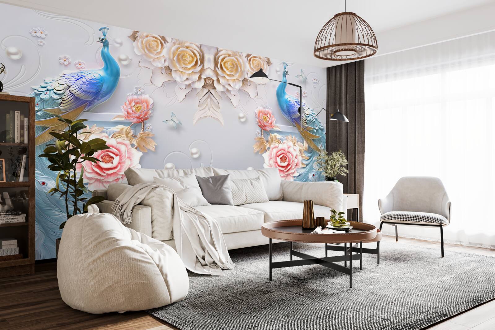 Papier peint le paon et sa partenaire avec les roses