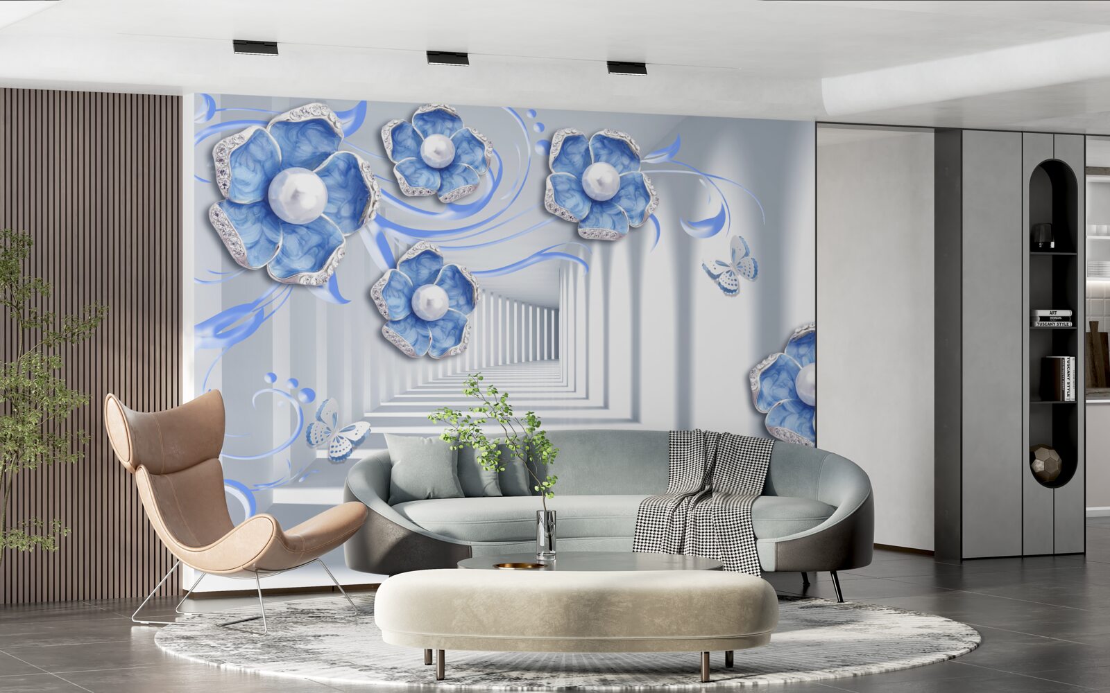 Papier peint flore bleue dans le passage