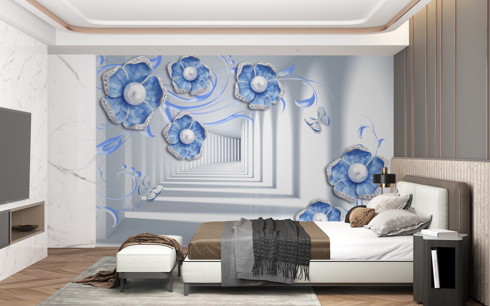 Papier peint flore bleue dans le passage