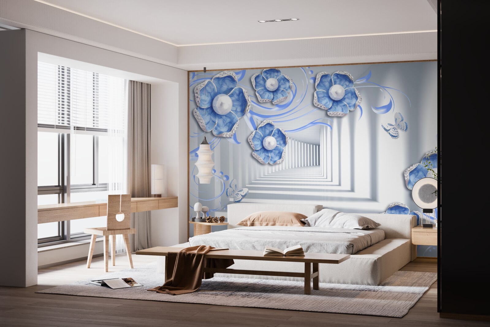 Papier peint flore bleue dans le passage