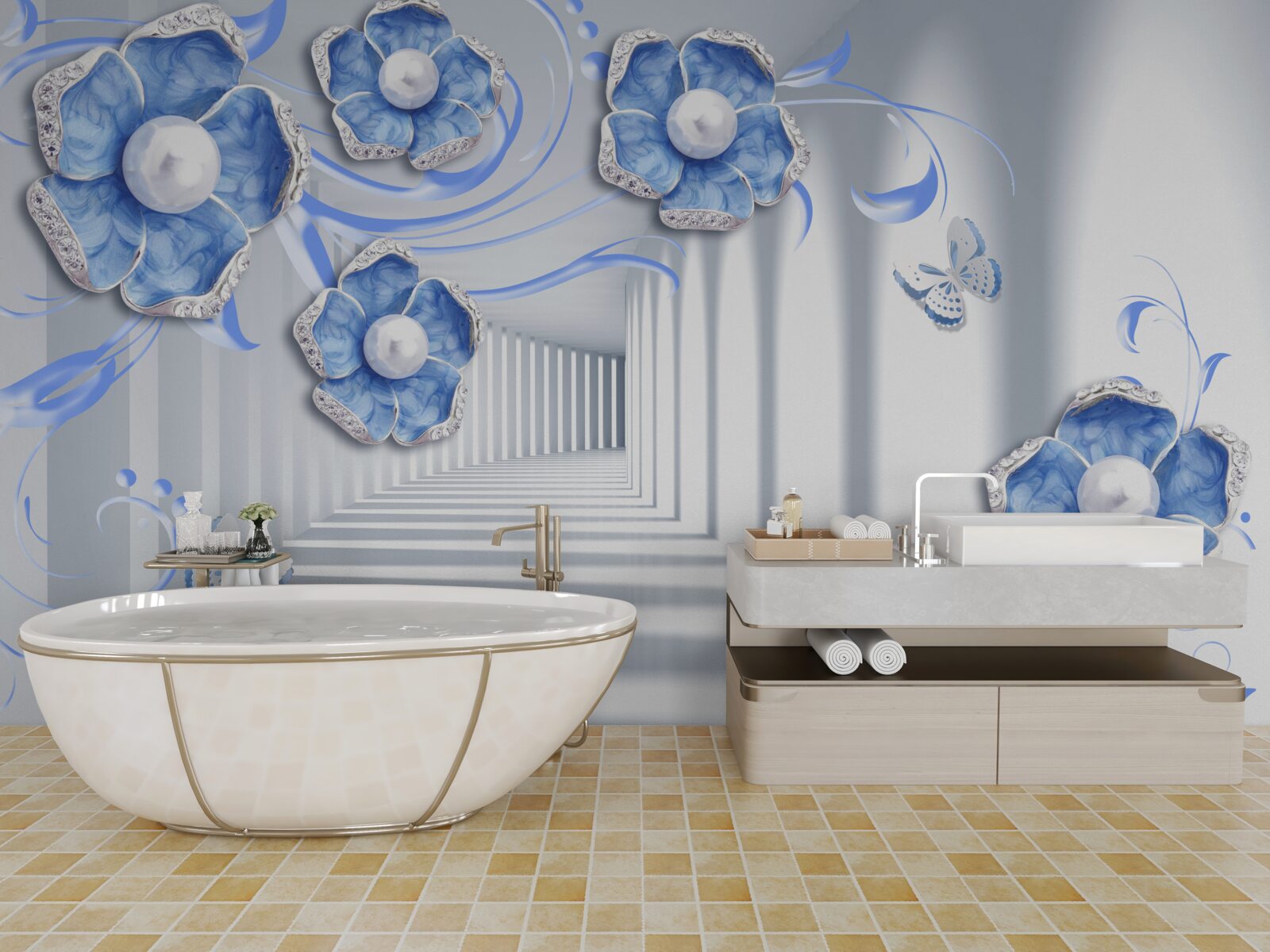 Papier peint flore bleue dans le passage