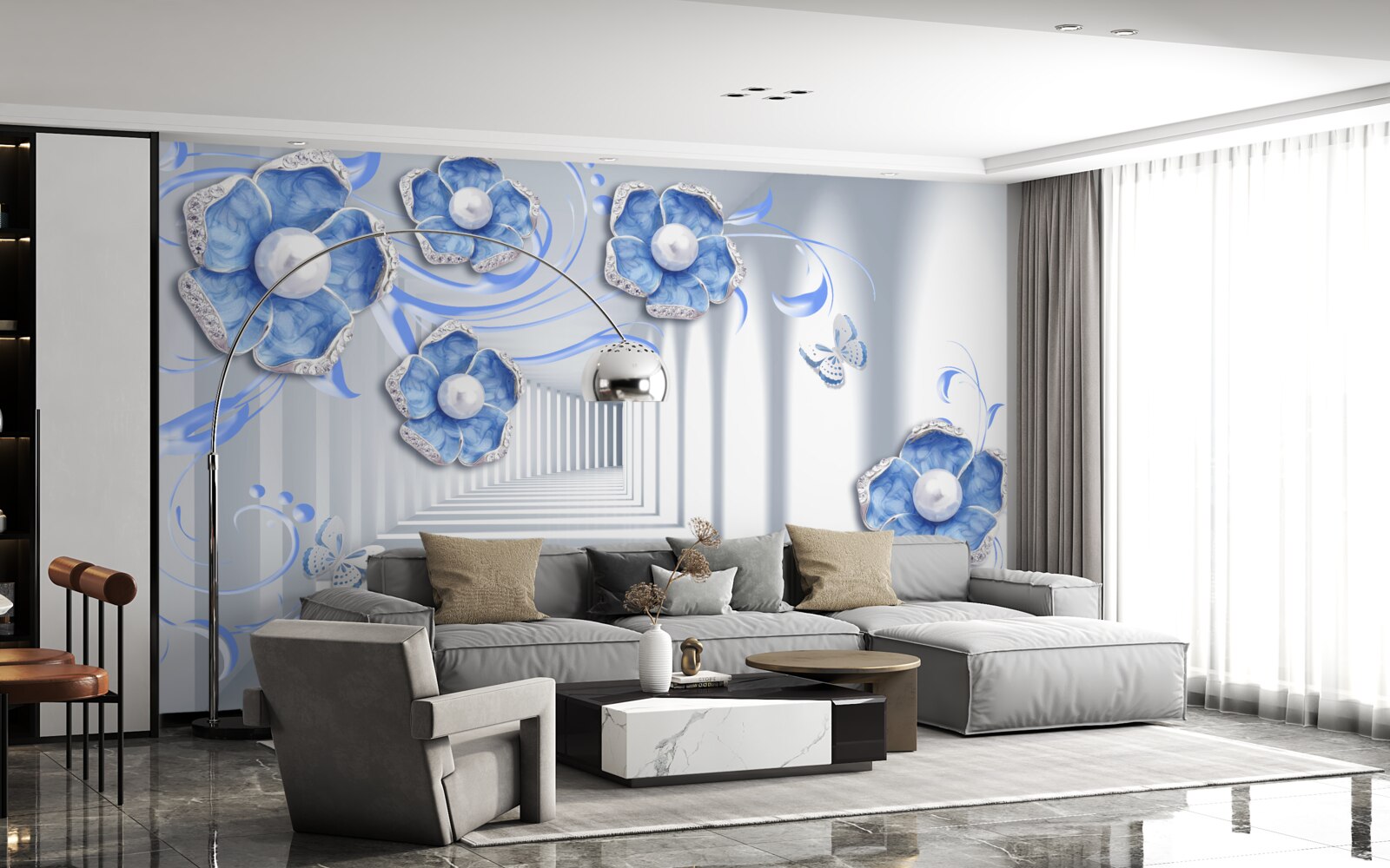 Papier peint flore bleue dans le passage