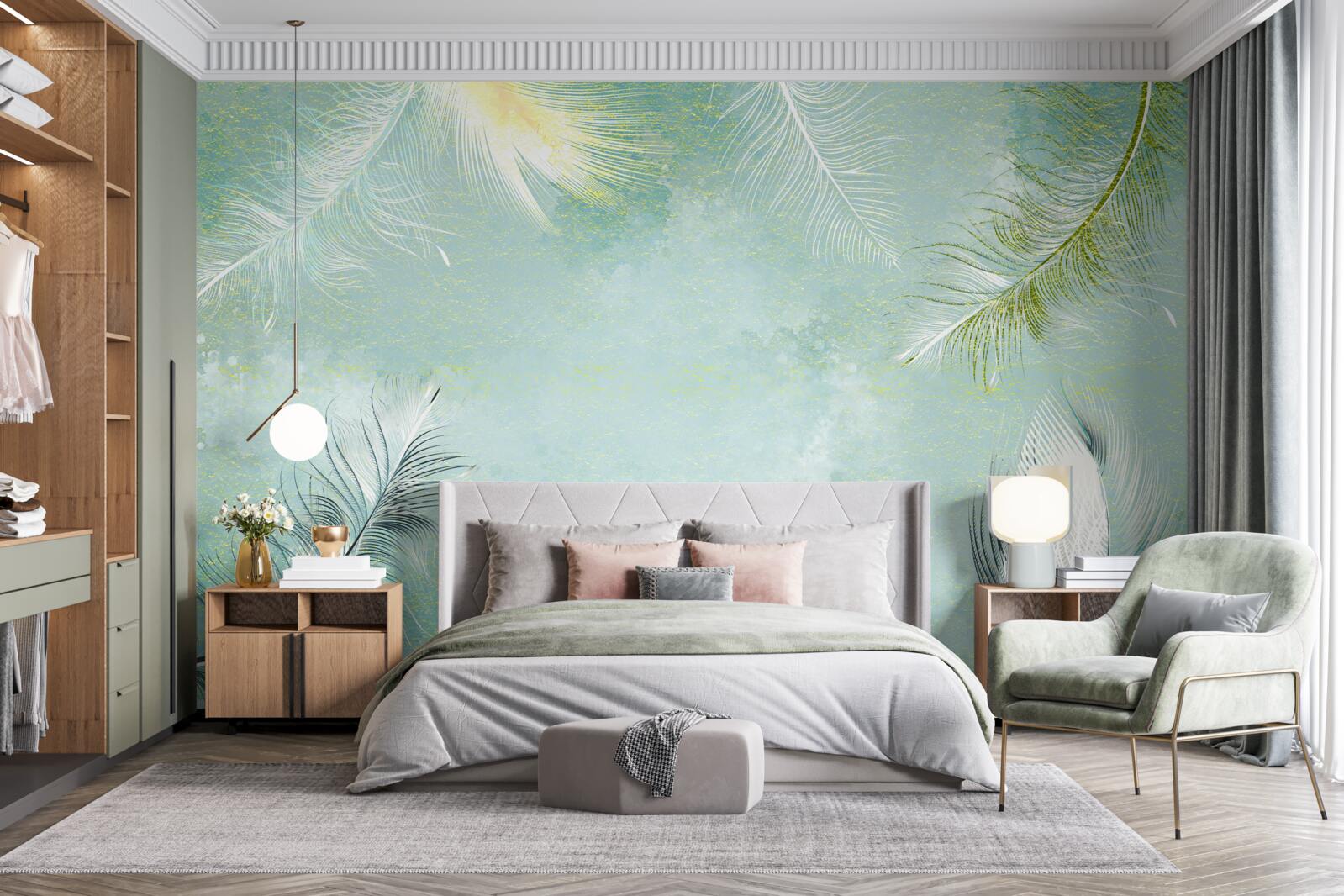 Papier peint grâce à la plume turquoise subtile