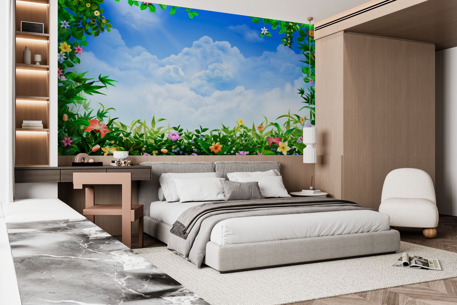 Papier peint les feuilles vertes scintillent sous les nuages bleus