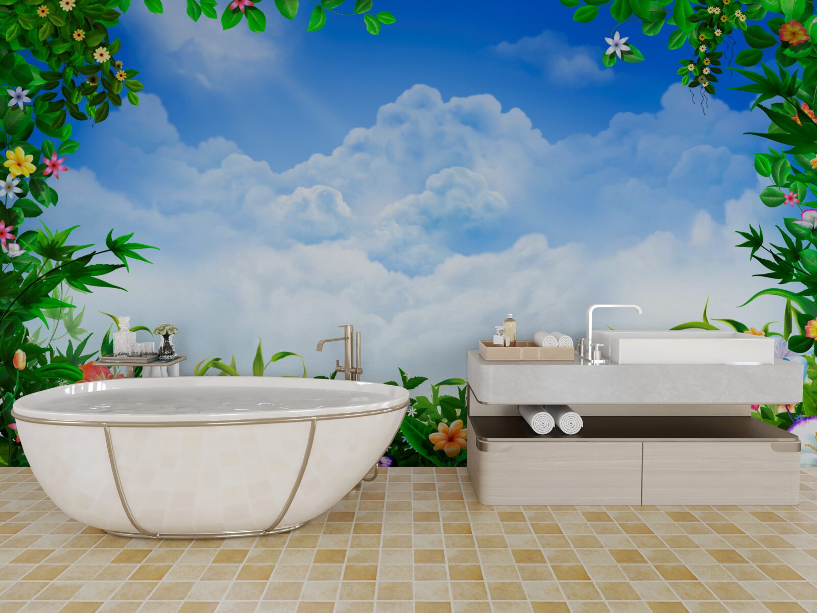 Papier peint les feuilles vertes scintillent sous les nuages bleus