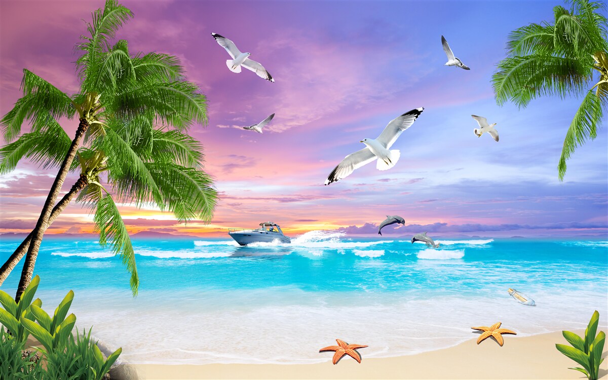 Papier peint côte tropicale et bateau