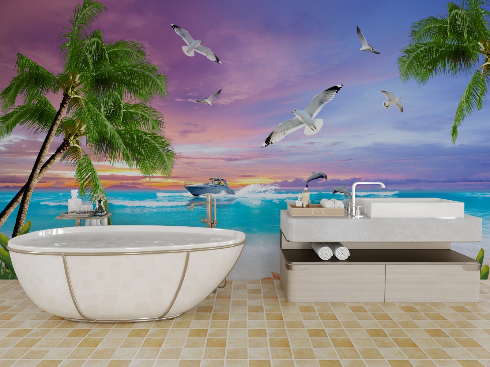 Papier peint côte tropicale et bateau