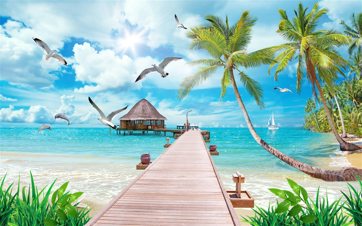 Papier peint des mouettes et une jetée en bord de mer