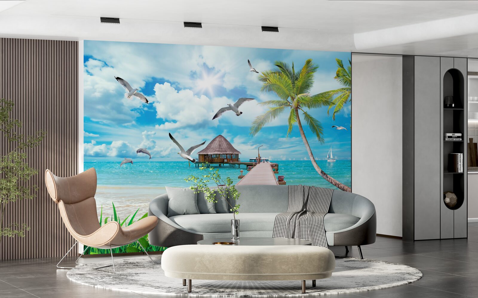 Papier peint des mouettes et une jetée en bord de mer