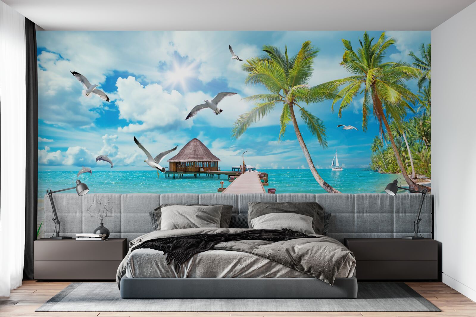 Papier peint des mouettes et une jetée en bord de mer