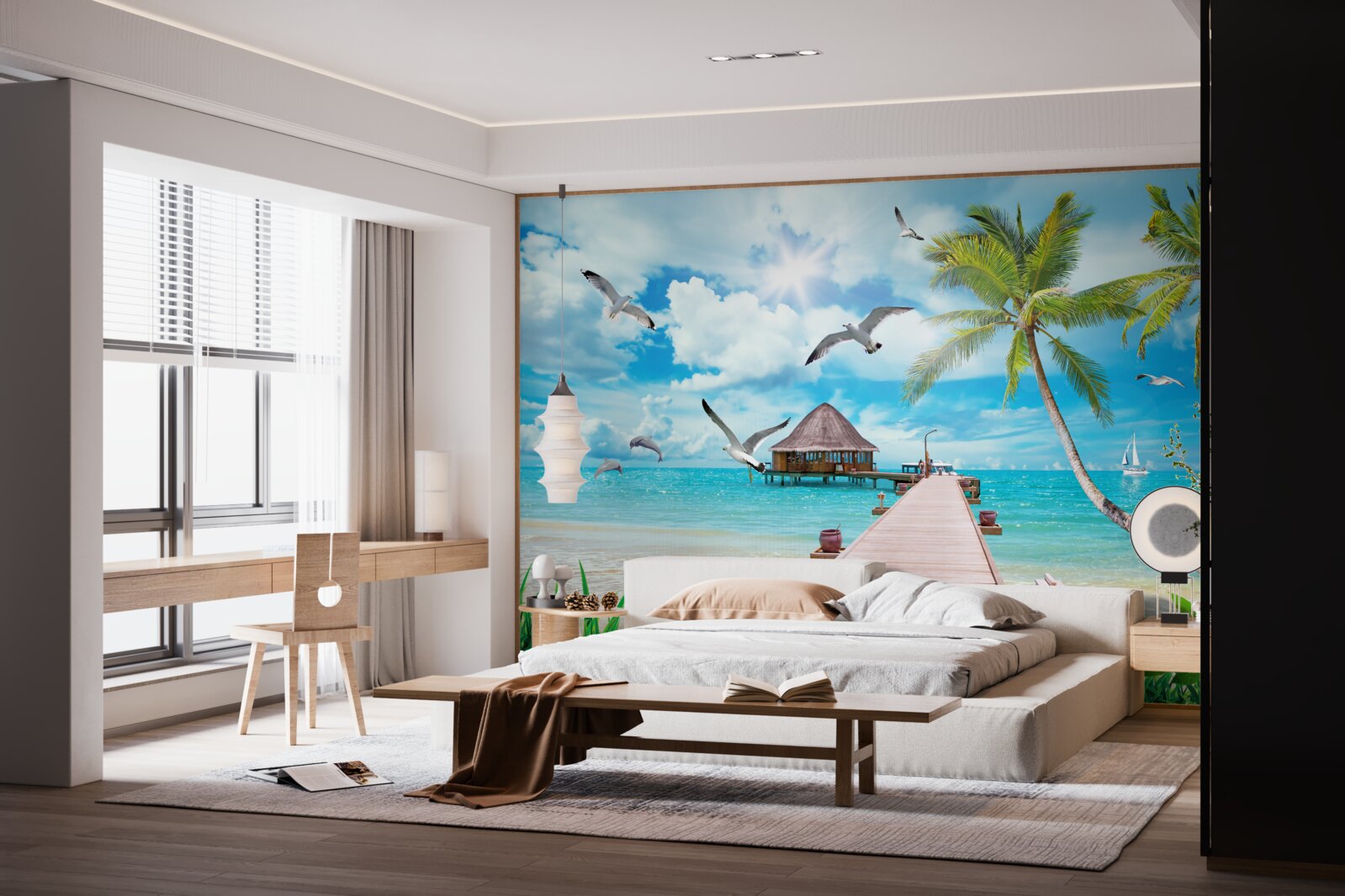 Papier peint des mouettes et une jetée en bord de mer