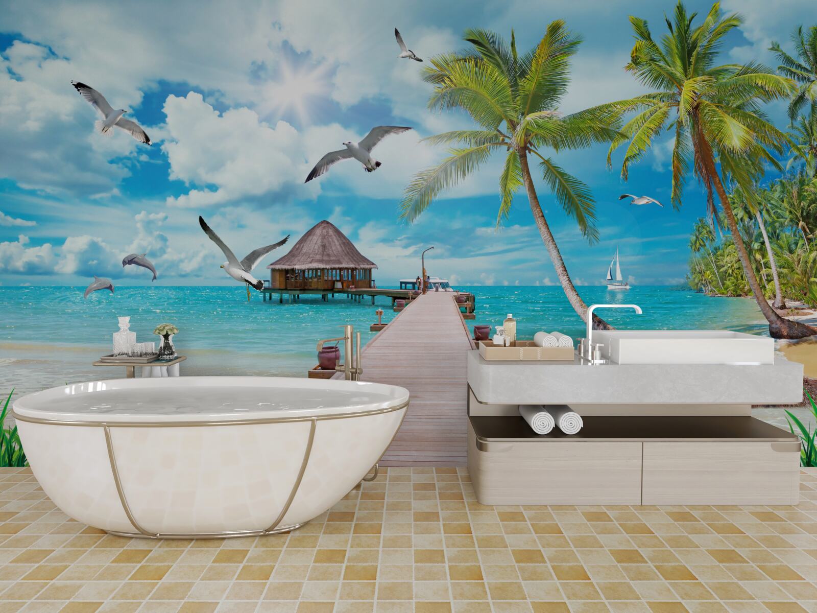 Papier peint des mouettes et une jetée en bord de mer