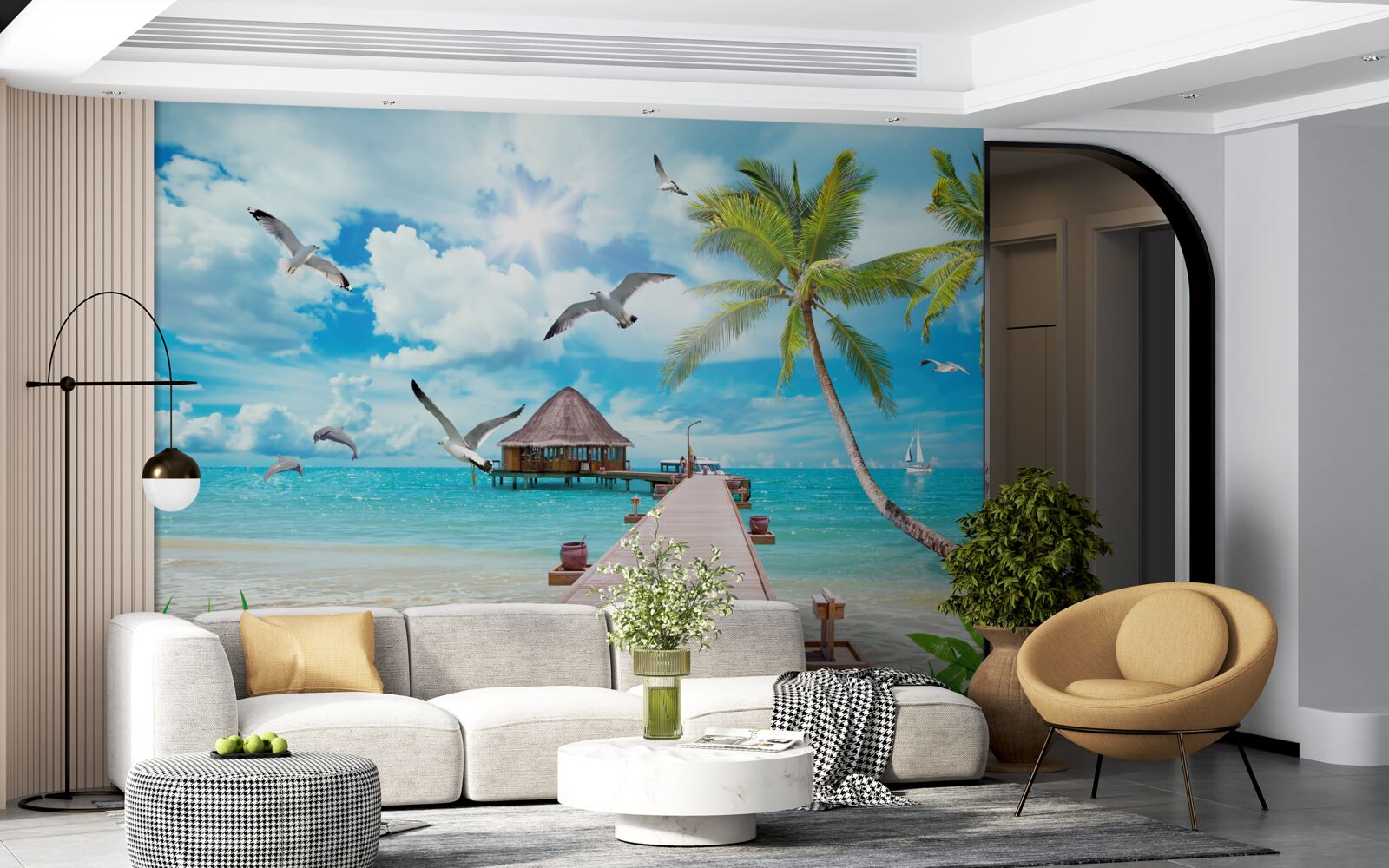 Papier peint des mouettes et une jetée en bord de mer