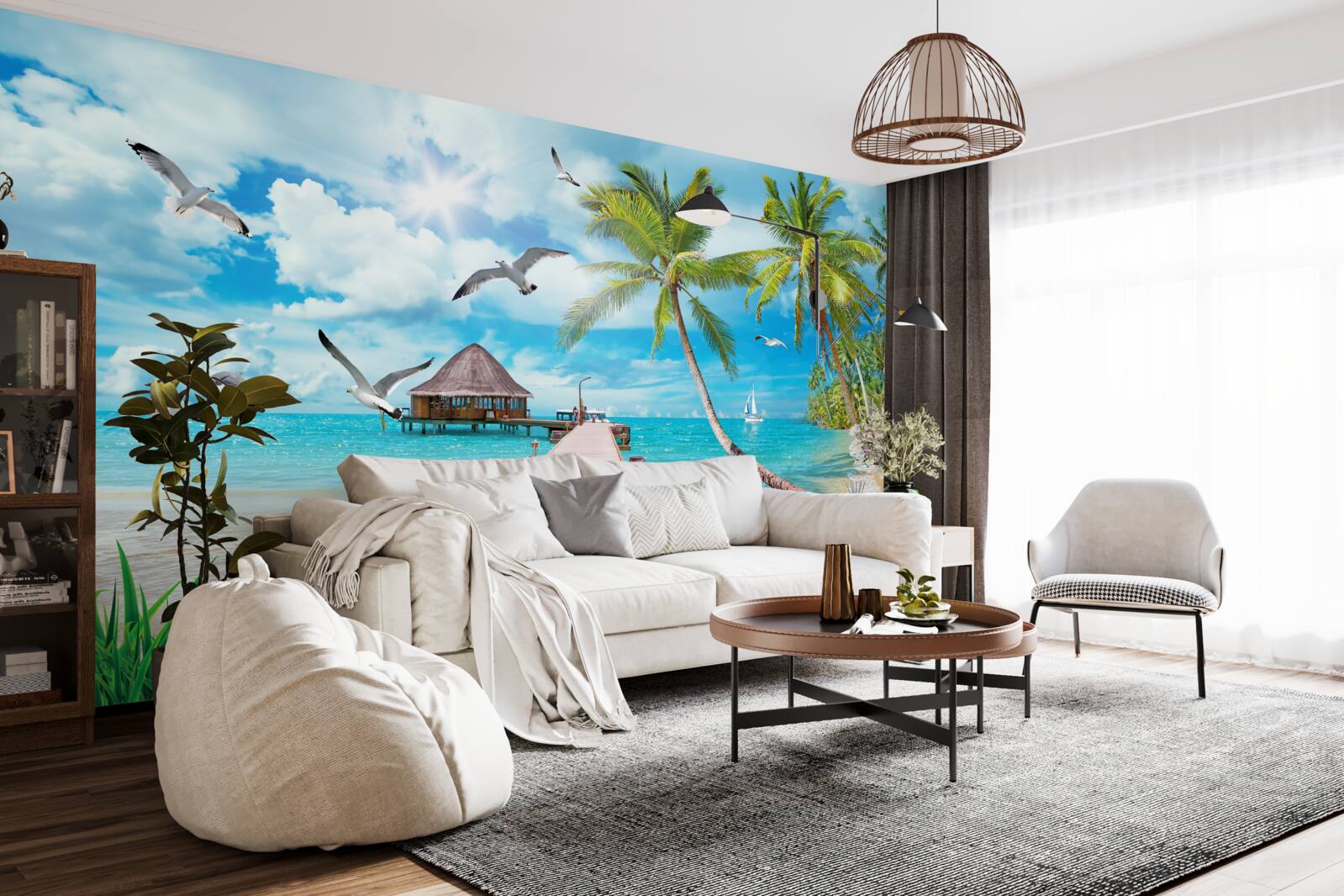 Papier peint des mouettes et une jetée en bord de mer