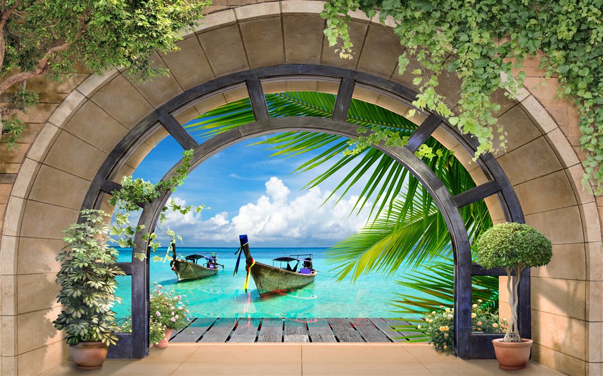 Papier peint toit ouvrant avec vue panoramique sur l'eau bleue de la mer