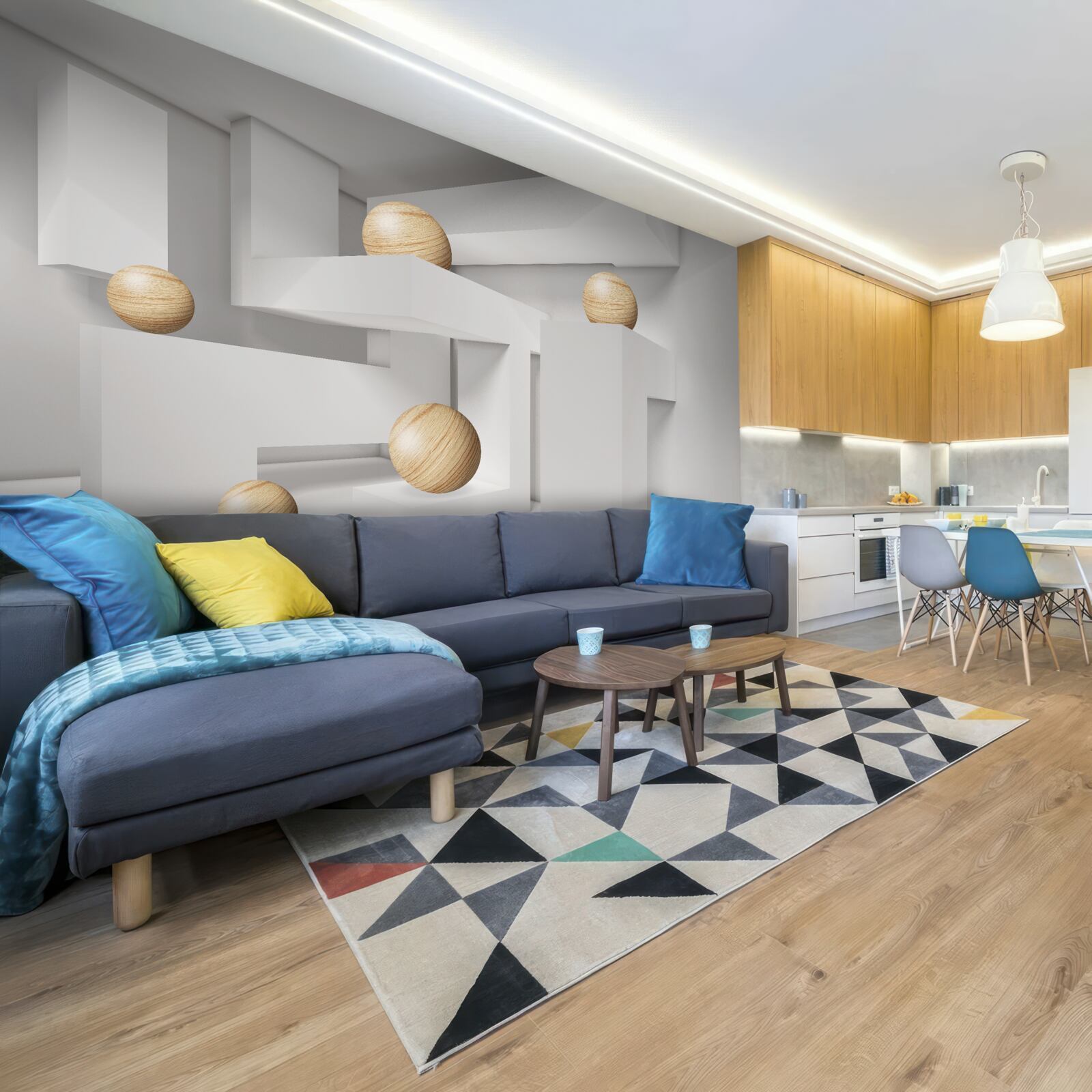 Papier peint boules d'or sur socle