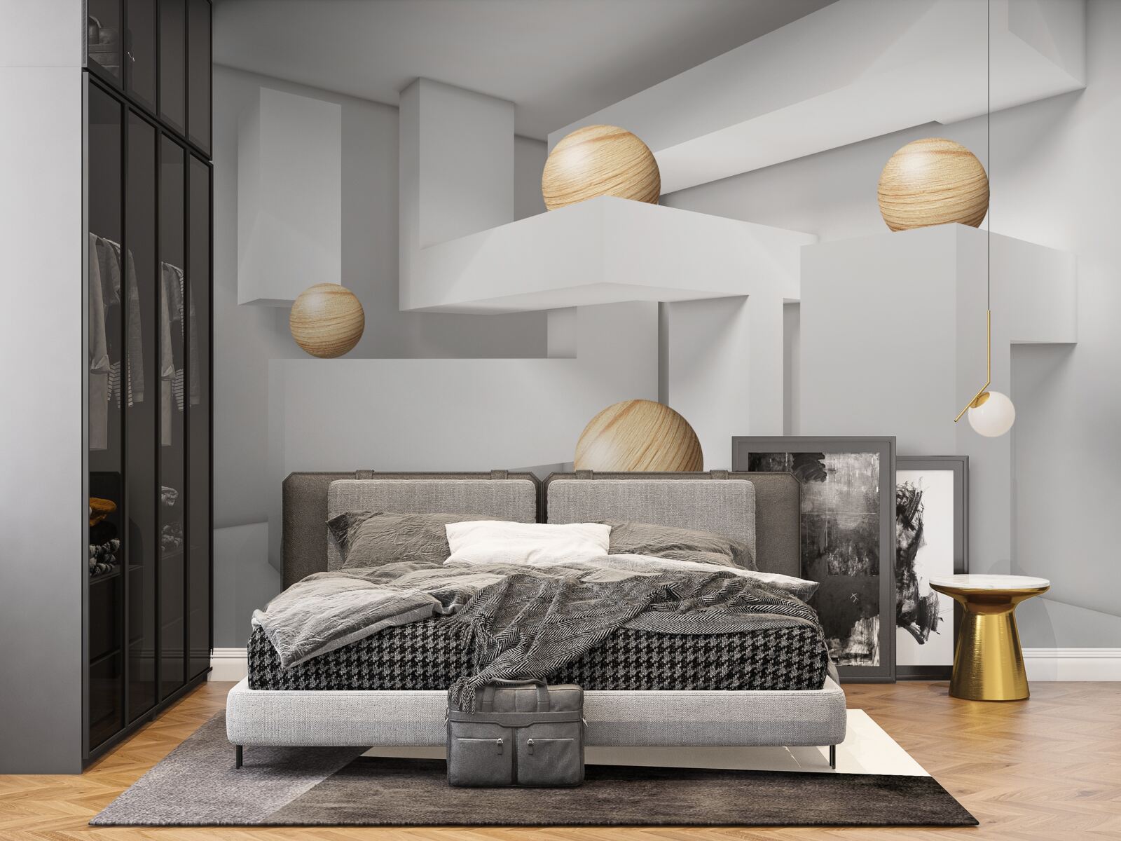 Papier peint boules d'or sur socle