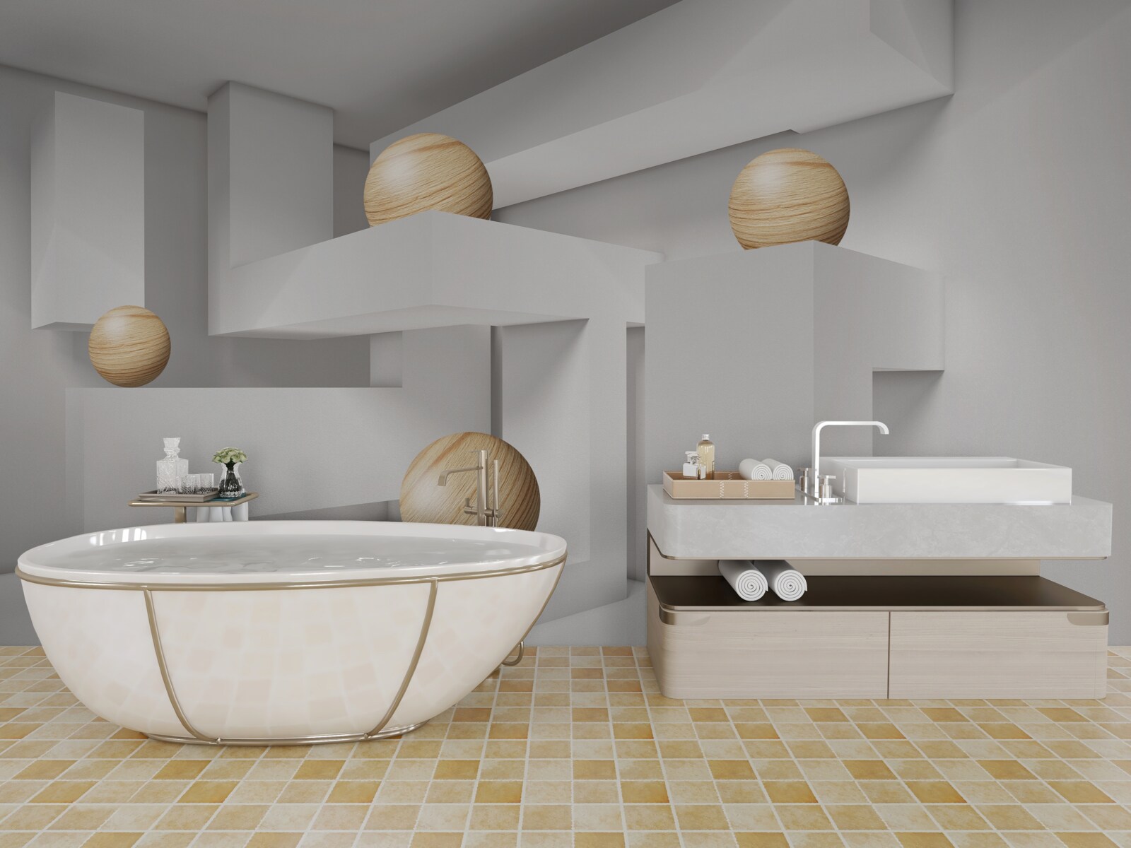 Papier peint boules d'or sur socle