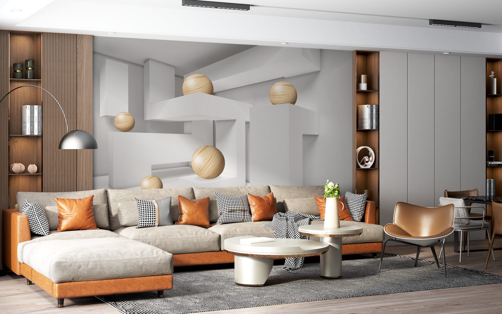 Papier peint boules d'or sur socle