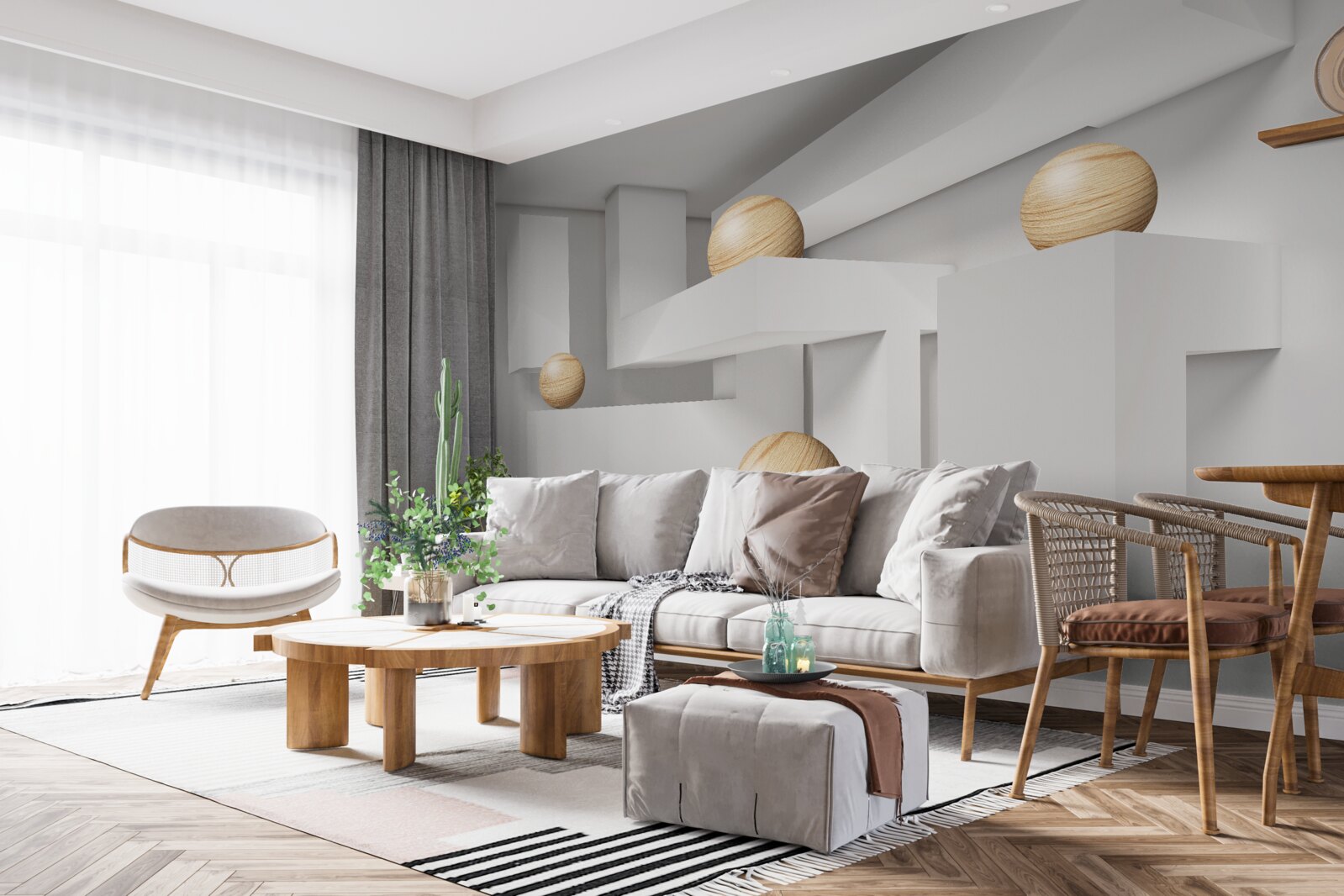 Papier peint boules d'or sur socle