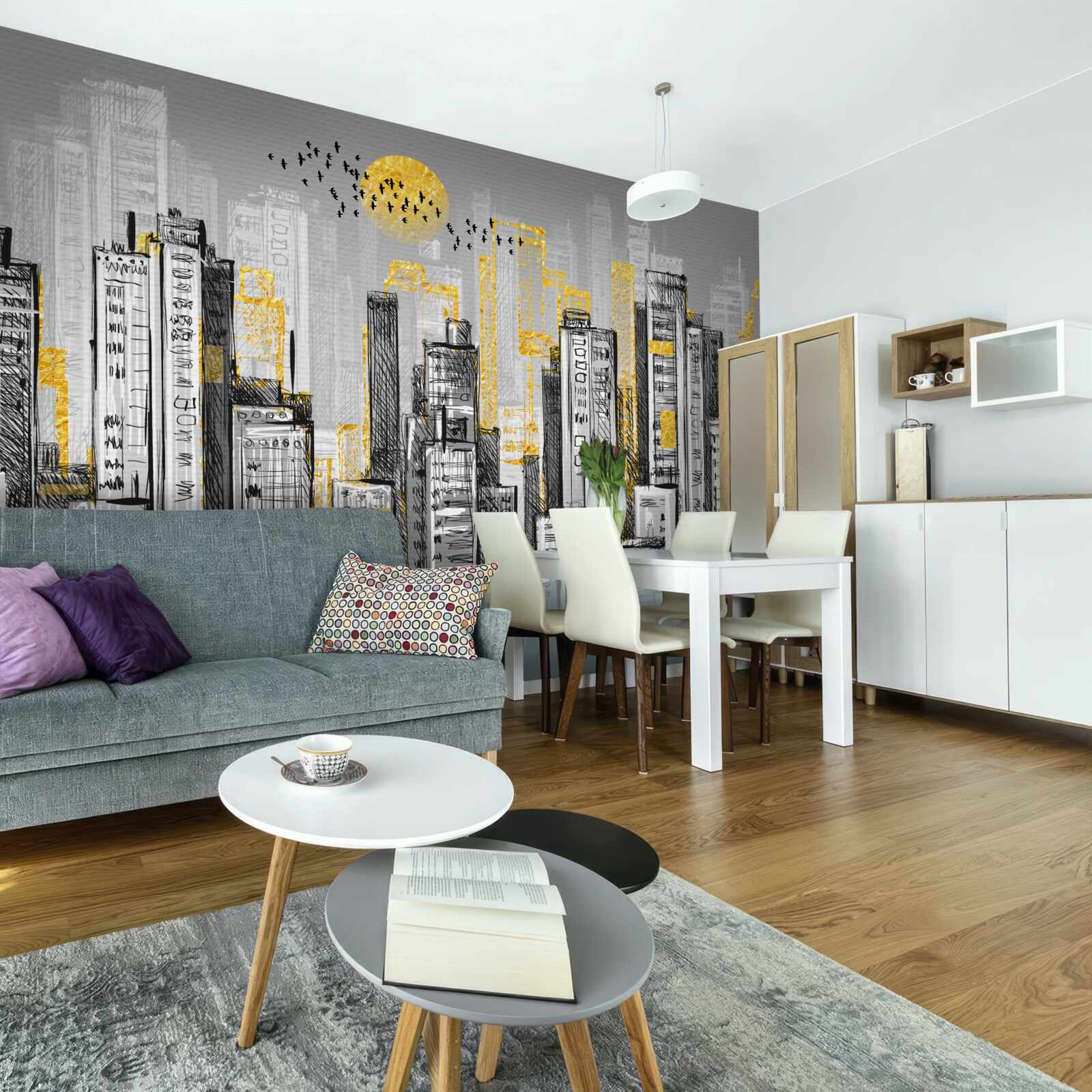 Papier peint ville grise dans la lumière jaune du soir