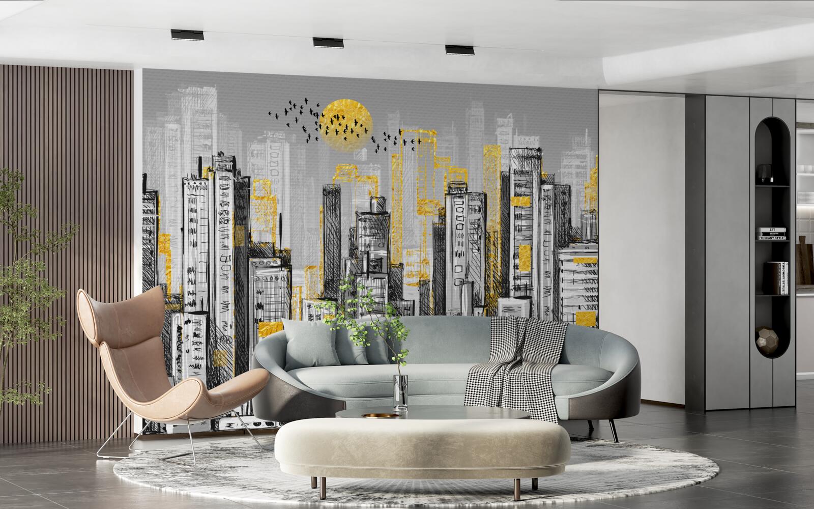 Papier peint ville grise dans la lumière jaune du soir